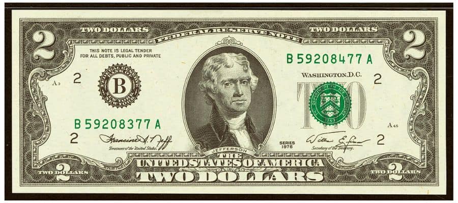 1976 $2 Bill Misalligned Serial Number Error