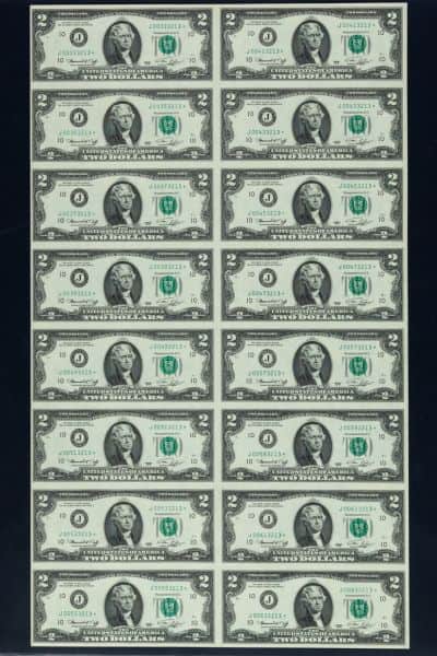 1976 $2 Bill Uncut Sheet