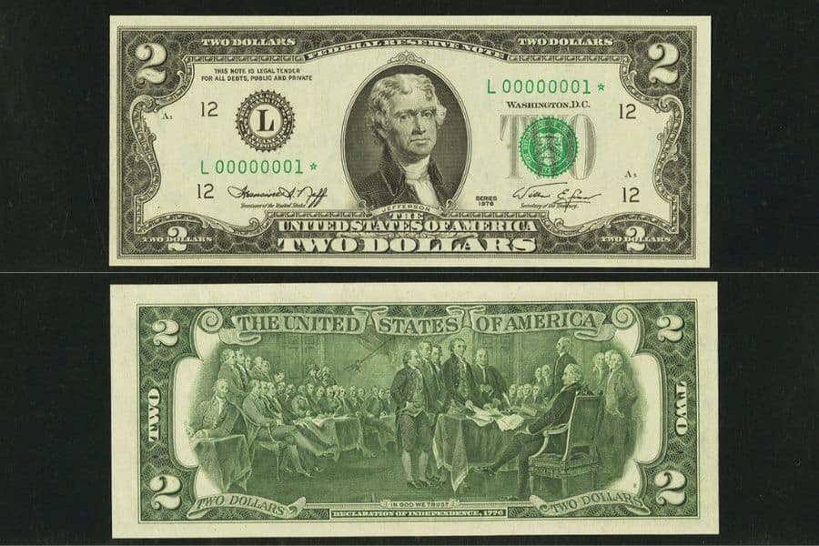 1976 2 Dollar Bill Low Serial Number 00000001